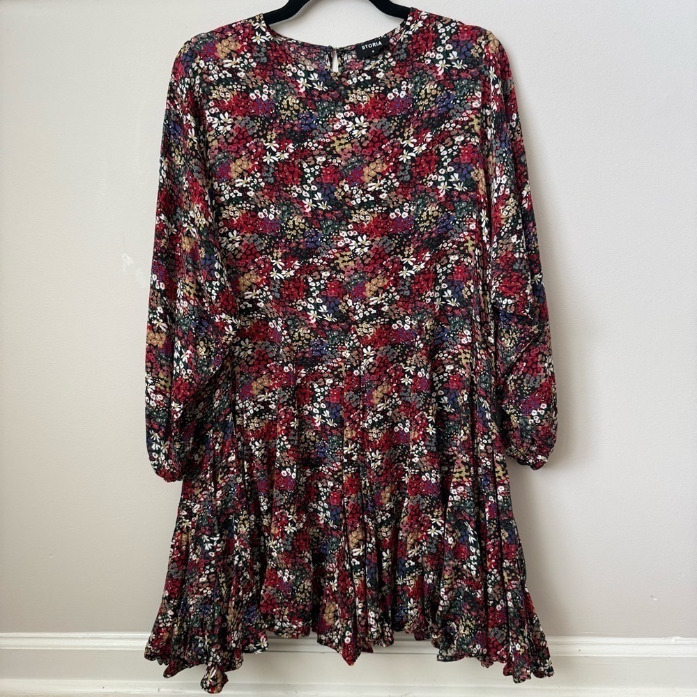 Storia Perennial Floral & Frills Mini Dress Multi Oversized Cottage Boho Pleat S - Picture 2 of 12
